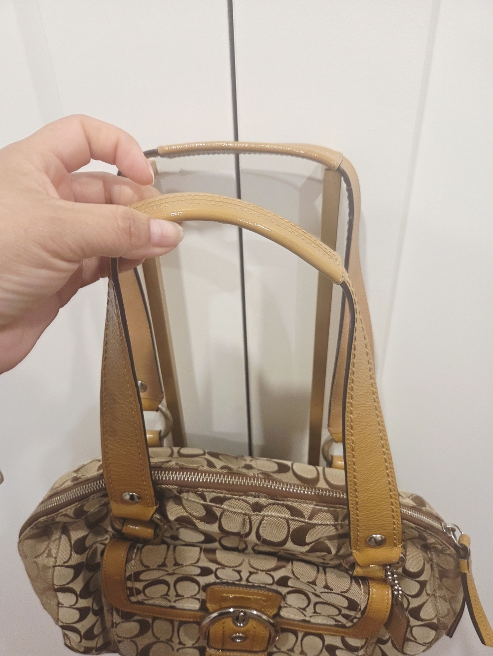 Coach Large  Khaki Signature Dome Shoulder Bag with Tan Leather Trim - Picture 5 of 9